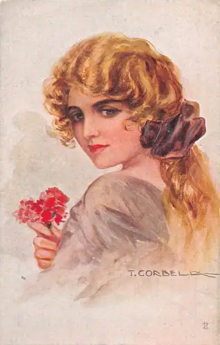 Glamour Lady Ingwerhaar Rosen schwarzes Band Kunst von Tito Corbella Postkarte C385