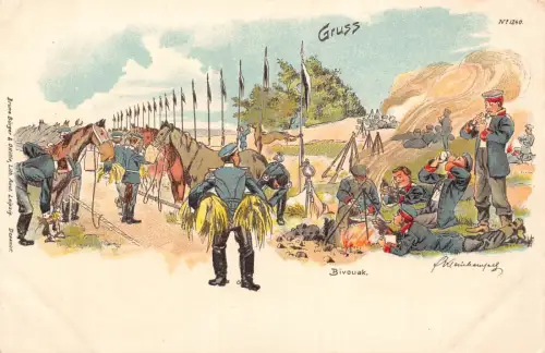 L031 Deutschland Gruss Kavallerie Biwak signiert Militär Litho Postkarte