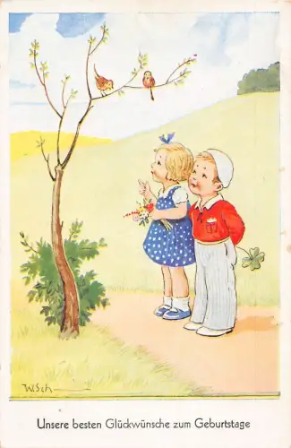 L226 Geburtstagsgrüße 1949 Kinder Blumen Glück Kleeblatt Vögel Postkarte