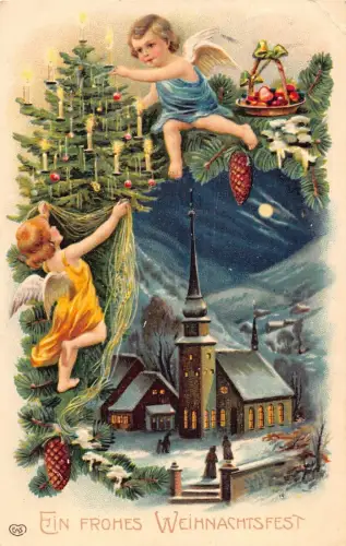 L364 Weihnachtsgrüße 1910 Cherubs Baum über Dorf Vintage Postkarte