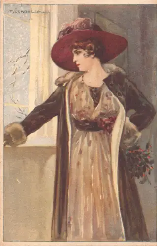 Art Deco Mode Frau Winter Mantel Kunst von Tito Corbella Postkarte C386