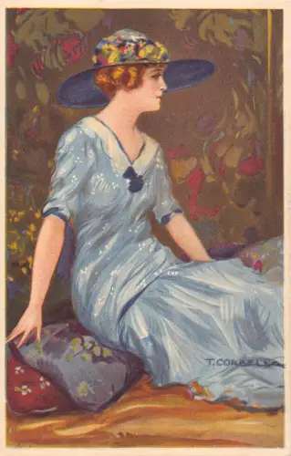 Mode Glamour Frau blau Freizeit Kleid Kunst von Tito Corbella Postkarte C386