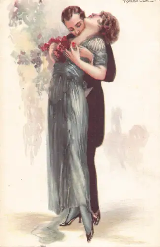 Art Deco Liebesroman Paar Lachen Küssen Kunst von Tito Corbella Postkarte C386