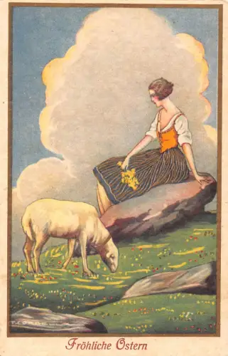 Art Deco 1932 Osterlamm Dame Hirte Kunst von Tito Corbella Postkarte C386