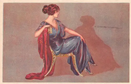 Art Deco Frau griechischer Stil Kleid auf Stuhl Kunst von Tito Corbella Postkarte C386