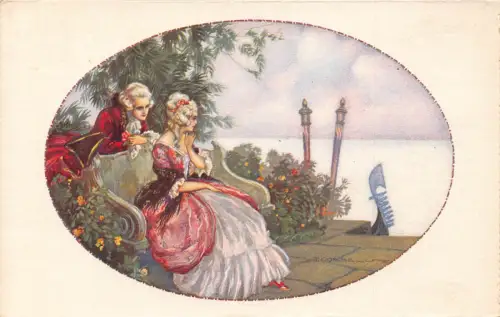 Art Deco Liebesroman Paar bewundert Meereskunst von Tito Corbella Postkarte C386