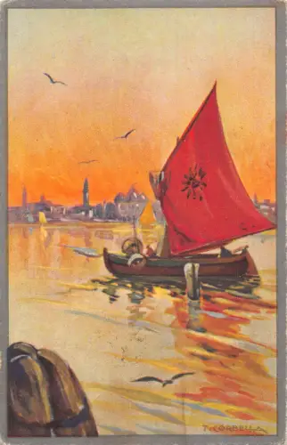 Landschaft Segelboot bei Sonnenuntergang Vögel Kunst von Tito Corbella Postkarte C386