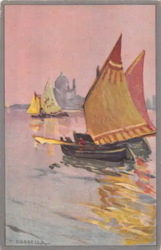 Landschaft Segelboot bei Sonnenuntergang Gondel Venedig Kunst Tito Corbella Postkarte C386
