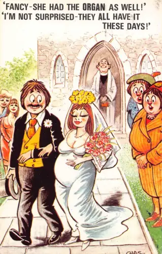 Comic Humor Schwangere Braut Hochzeit Kirche Sie hatte die Orgel 1982 Postkarte C411