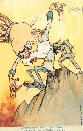 Satire Karikatur Franz Joseph vom Berg geworfen von italienischer Kunst Postkarte C411