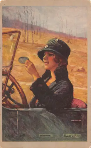 Transport 1926 Frau schaut beim Autofahren in den Spiegel Postkarte C411