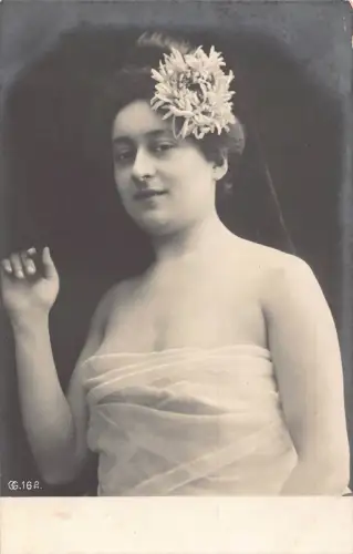 Risque Seducing Woman in Scarce Veil Dress Flowers in Hair RPPC Postcard C411