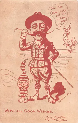 Karikatur HA Crowther Mann langer Schnurrbart humanisierte Katze Hahn Postkarte C411