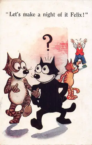 Cartoon Comic Felix die Katze Vermenschlichte Katze geht mit Freunden aus Postkarte C411