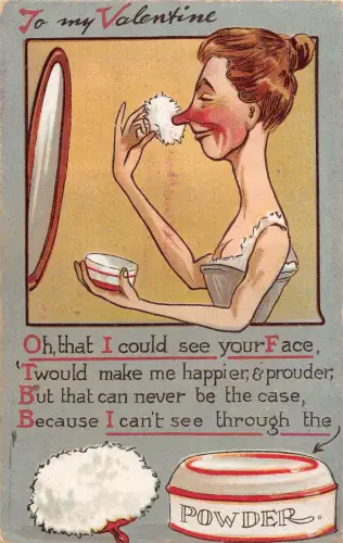 Valentinstag Humor Frau Pulver große Nase Spiegel Vintage Postkarte C411