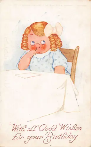 Geburtstagsgrüße dickes kleines blondes Mädchen Schreib Brief Vintage Postkarte C411