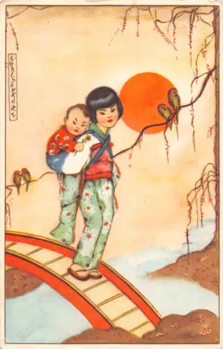 Einheimische ethnische 1929 japanische Mädchen und Baby Sonnenuntergang Kunst E Maison Kurt Postkarte C411