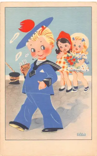 Marine Matrose Junge Rauchen Zigaretten Mädchen Uhr Kunst von Ellis Postkarte C412