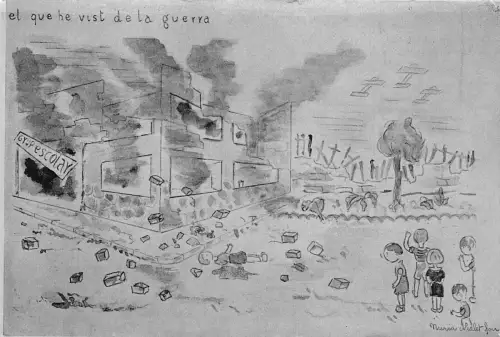 Spanischer Bürgerkrieg abgebildet von Kindern Katastrophe bombardierte Schule Postkarte C414