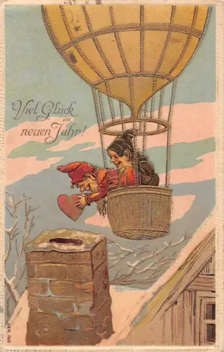Neujahrsgrüße 1909 Zwerg im Heißluftballon Herz Horn Prägung Postkarte C416