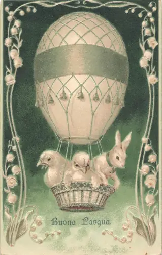 Ostern Heißluftballon aus Ei vermenschlichtes Küken Hase Lilie geprägte Postkarte C416