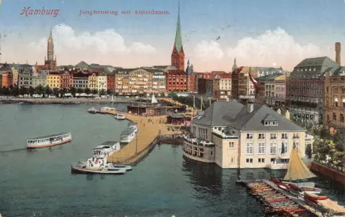 Deutschland Hamburg 1917 Jungfernstieg mit Alsterdamm Boote Vintage Postkarte