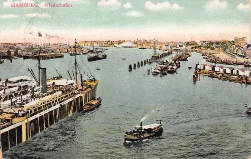 Deutschland Hamburg 1907 Niederhafen Dampfschiffe Vintage Postkarte