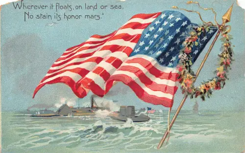 Dekorationstag US Flagge Dampfschiff patriotisch geprägt Vintage Postkarte C416