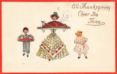 Erntedankgrüße Mutter Kinder gekocht Truthahn Teller Prägung Postkarte C417