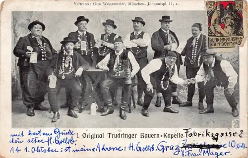 Deutschland 1909 Trachten Trudringer Bauern Kapelle Bier Postkarte C417