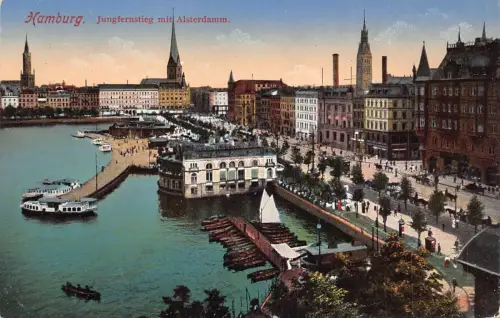 Deutschland Hamburg 1914 Jungfernstieg mit Alsterdamm Boote Vintage Postkarte
