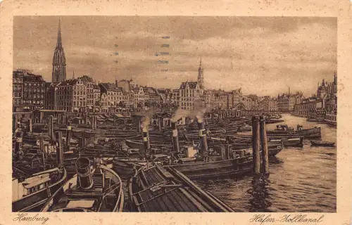 Deutschland Hamburg 1925 Hafen Hollkanal Dampfschiffe Kunst Vintage Postkarte