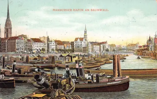 Deutschland Hamburg 1911 Hafen am Baumwall Dampfschiffe Vintage Postkarte