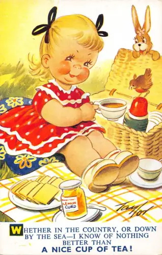 Bamforth Kinder Comic Mädchen Vogel Kaninchen Picknick Tasse Tee Zitronenquark Postkarte