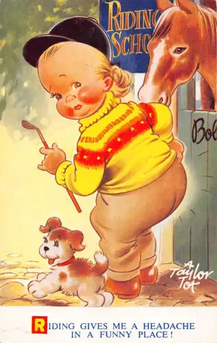 Postkarte Bamforth Kinder Comic Mädchen und Hund in der Reitschule Pferd im Scheune