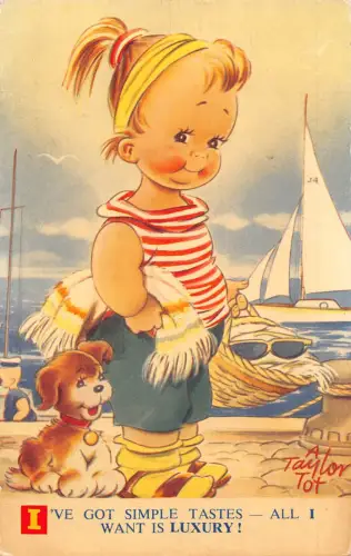 Bamforth Kinder Comic Mädchen Hund am Strand Segelboot Ich will ist Luxus Postkarte