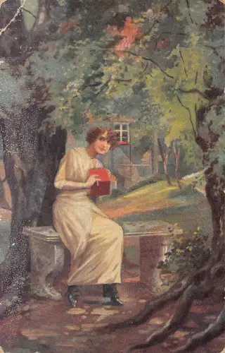 Kunst Frau liest auf Bank im Wald in Erwartung von Busch Postkarte