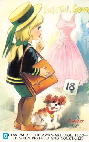 Bamforth Kinder Humor Mädchen bewunderndes Kleid im Schaufenster Hund Vintage Postkarte