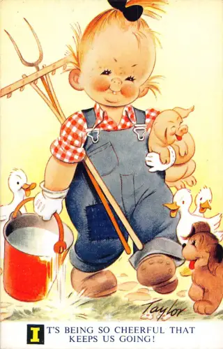 Bamforth Kinder Comic Bauernhof Junge Ferkel Gans Hund Wasser Eimer Postkarte