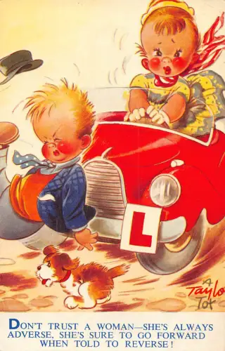Bamforth Kinder Comic Mädchen Fahren Auto Hits Junge Hund L Schild Postkarte