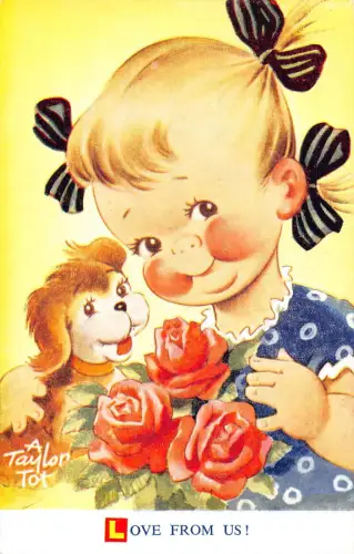 Bamforth Kinder Liebe Grüße Mädchen Hund Rosen Blumen Liebe von uns! Postkarte