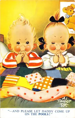 Bamforth Kinder Humor Bruder und Schwester beten am Bett Teddybär Postkarte