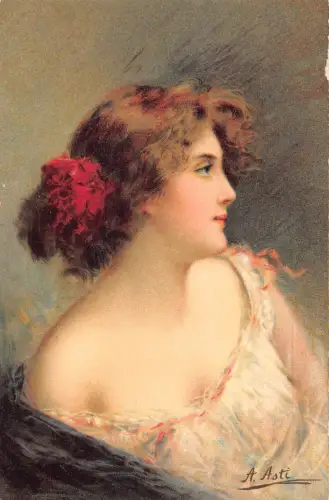 Porträt einer schönen Frau mit nackten Schultern lockiges Haar Kunst von einer Asti Postkarte