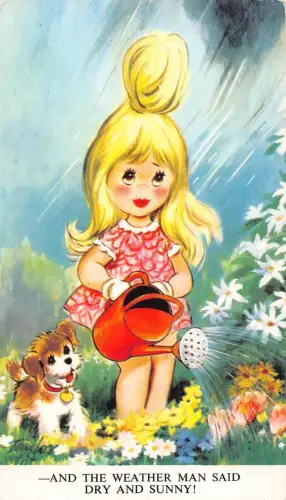 Bamforth Kinder Humor Hund Mädchen Funkelnde Blumen beim Regen Postkarte