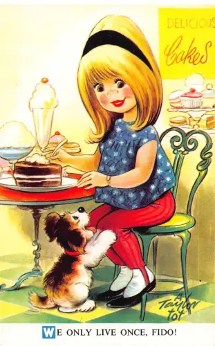Bamforth Kinder Humor Mädchen Hund Kuchen Eis Wir leben nur einmal! Postkarte