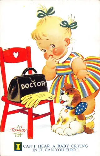 Bamforth Kinder Humor Mädchen Hund Arzt Handtasche Handschuhe Stuhl Vintage Postkarte