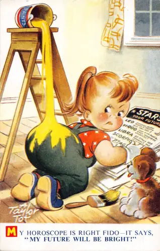 Bamforth Kinder Humor Mädchen bedeckt mit gelber Farbe Horoskop Hund Postkarte