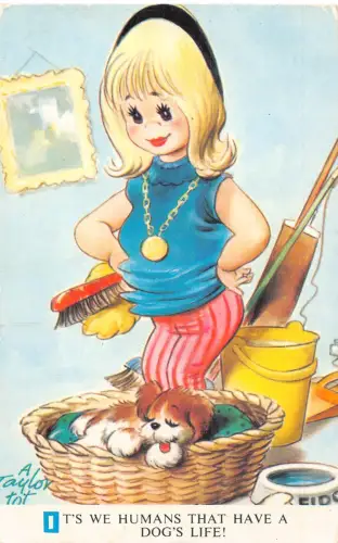 Postkarte Bamforth Kinder Humor Mädchen reinigt uns Menschen, die ein Hundeleben haben