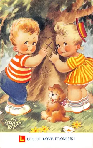 Bamforth Kinder Humor Paar Herz auf Baum gezeichnet Hund Liebe von uns! Postkarte