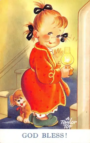 Bamforth Kinder Humor Mädchen und Hund auf dem Weg zum Schlafen Kerze Gottes Segen! Postkarte